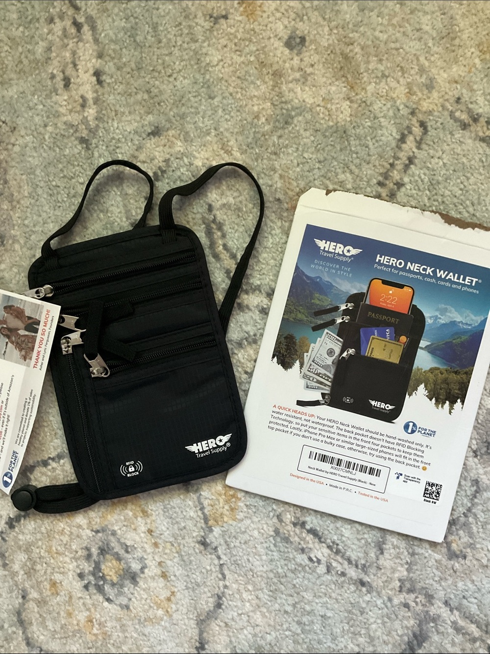 HERO NECK WALLET - RFID BLOCKING PASSPORT HOLDER  black NEW